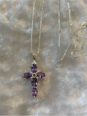 🍀925 Sterling Silver Amethyst Cross Pendant Necklace
